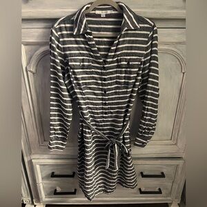 Boden Nautical Blue & White Striped Pocket Popover Linen Shirtdress‎